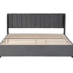Lit Double 180x200 cm - Lit Capitonné en Velours Gris avec 2 Tiroirs de Rangement, Sommier à Lattes Inclus, Style Moderne><noscript><img width=