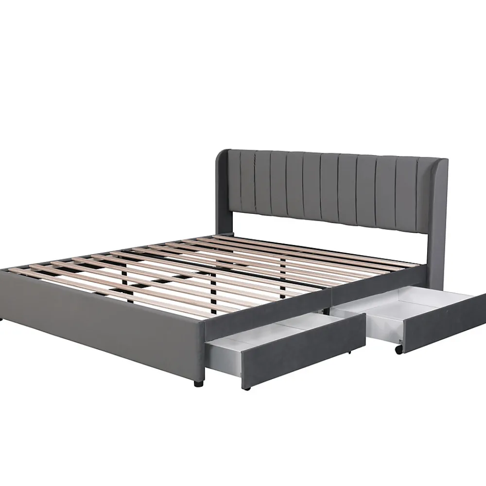 Lit Double 180x200 cm - Lit Capitonné en Velours Gris avec 2 Tiroirs de Rangement, Sommier à Lattes Inclus, Style Moderne>Okwish Hot
