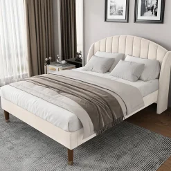 Lit Double 140x190 cm - Lit Capitonné ado - Velours - Élégance Moderne - Sans Matelas - Beige>Okwish Discount
