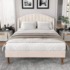 Lit Double 140x190 cm - Lit Capitonné ado - Velours - Élégance Moderne - Sans Matelas - Beige>Okwish Discount