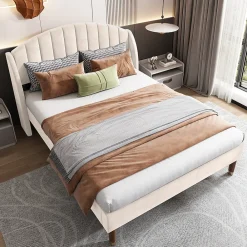 Lit Double 140x190 cm - Lit Capitonné ado - Velours - Élégance Moderne - Sans Matelas - Beige><noscript><img width=