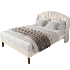 Lit Double 140x190 cm - Lit Capitonné ado - Velours - Élégance Moderne - Sans Matelas - Beige><noscript><img width=
