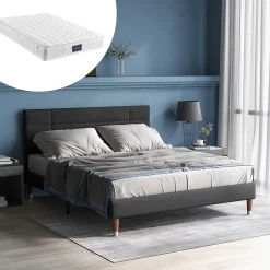 Okwish Lit double 140x200 cm - Lit capitonné avec sommier à lattes - Lin - avec Matelas - Gris* Ensemble Sommier Et Matelas