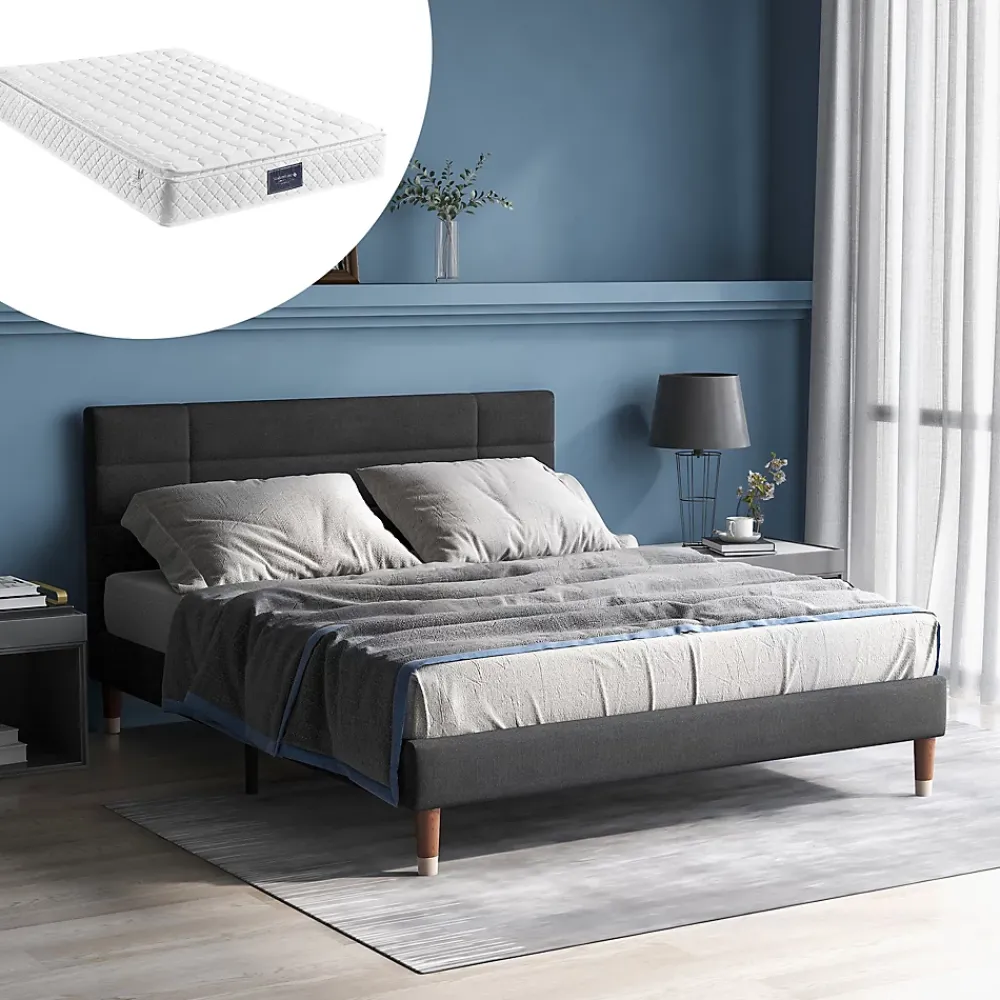Okwish Lit double 140x200 cm - Lit capitonné avec sommier à lattes - Lin - avec Matelas - Gris* Ensemble Sommier Et Matelas