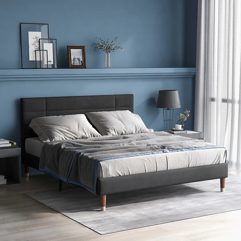 Okwish Lit double 140x200 cm - Lit capitonné avec sommier à lattes - Lin - avec Matelas - Gris* Ensemble Sommier Et Matelas