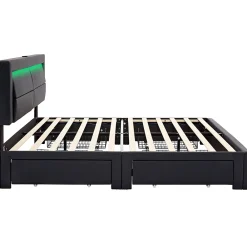 Okwish Lit Double 140x200 cm - Lit Capitonné PU avec Rangement et Ports USB - Éclairage LED Télécommandé - Noir - Sans Matelas* Lit Double
