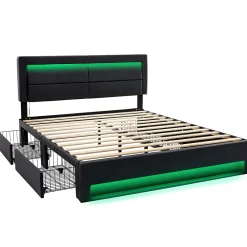 Okwish Lit Double 140x200 cm - Lit Capitonné PU avec Rangement et Ports USB - Éclairage LED Télécommandé - Noir - Sans Matelas* Lit Double