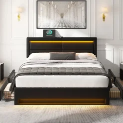 Okwish Lit Double 140x200 cm - Lit Capitonné PU avec Rangement et Ports USB - Éclairage LED Télécommandé - Noir - Sans Matelas* Lit Double