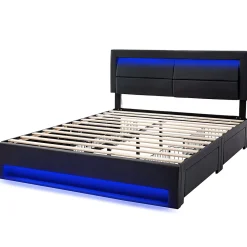 Okwish Lit Double 140x200 cm - Lit Capitonné PU avec Rangement et Ports USB - Éclairage LED Télécommandé - Noir - Sans Matelas* Lit Double