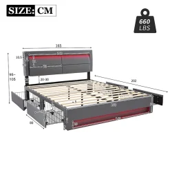 Lit Double 160x200 cm - Lit Capitonné PU avec Rangement et Ports USB - Éclairage LED Télécommandé - Gris - Sans Matelas><noscript><img width=