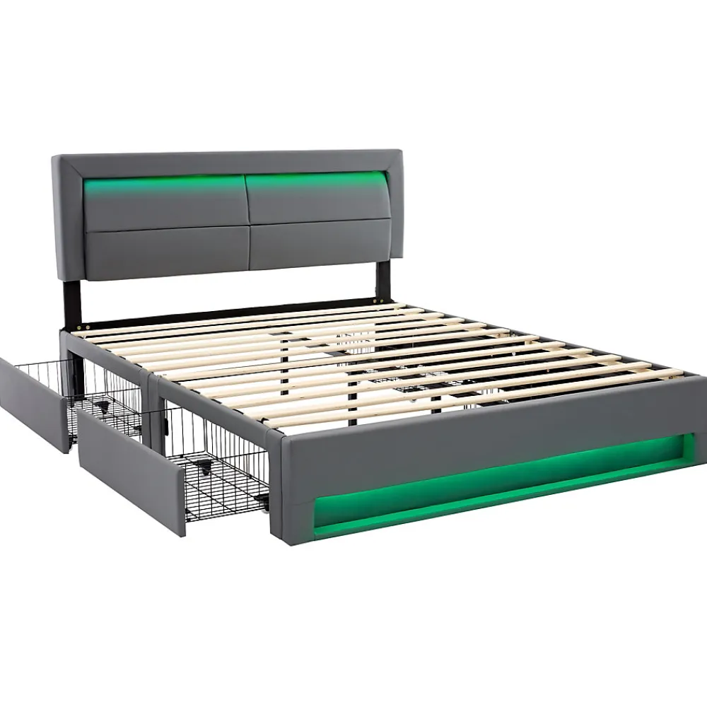 Lit Double 160x200 cm - Lit Capitonné PU avec Rangement et Ports USB - Éclairage LED Télécommandé - Gris - Sans Matelas>Okwish Clearance