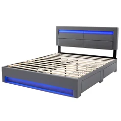 Lit Double 160x200 cm - Lit Capitonné PU avec Rangement et Ports USB - Éclairage LED Télécommandé - Gris - Sans Matelas><noscript><img width=