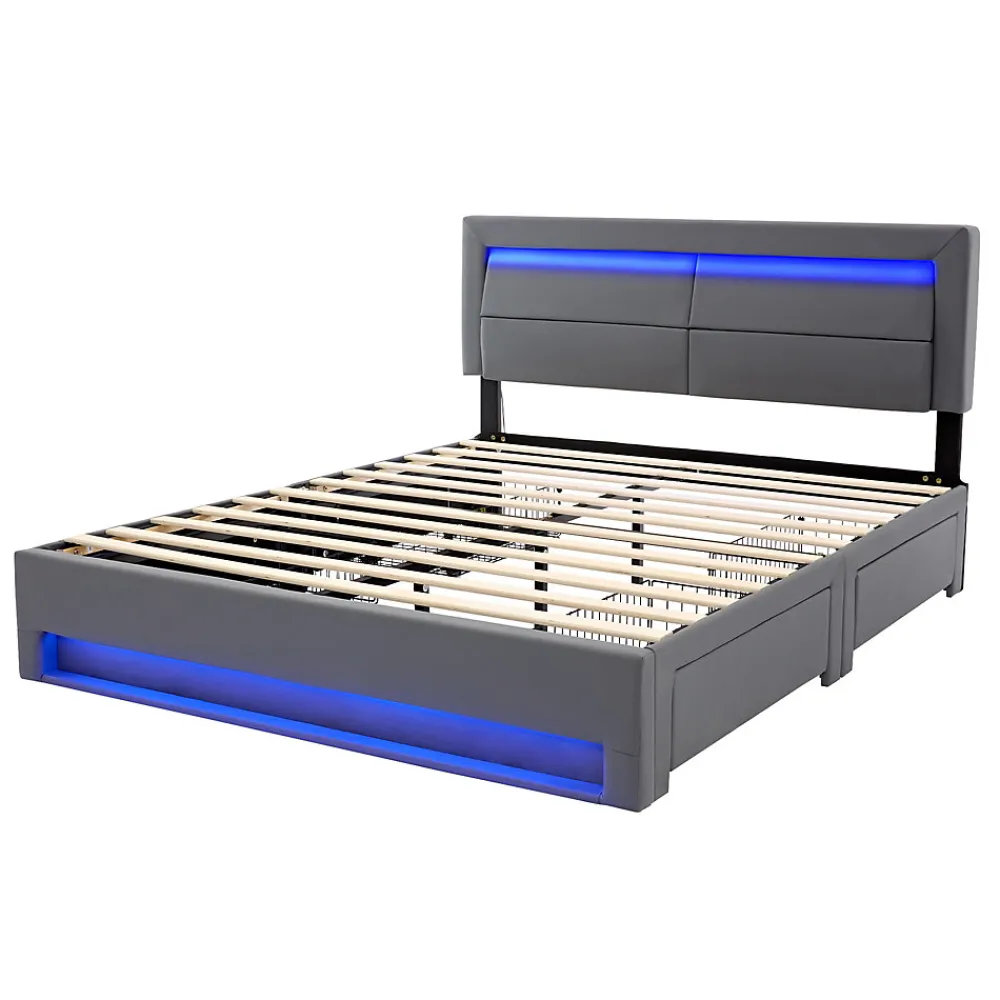 Lit Double 160x200 cm - Lit Capitonné PU avec Rangement et Ports USB - Éclairage LED Télécommandé - Gris - Sans Matelas>Okwish Clearance