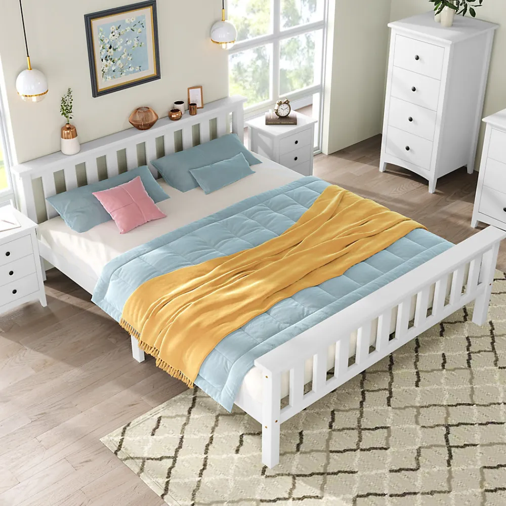 Lit double 140x200 cm - Lit classique avec sommier à lattes - Pin et MDF - Sans matelas - Blanc>Okwish Best