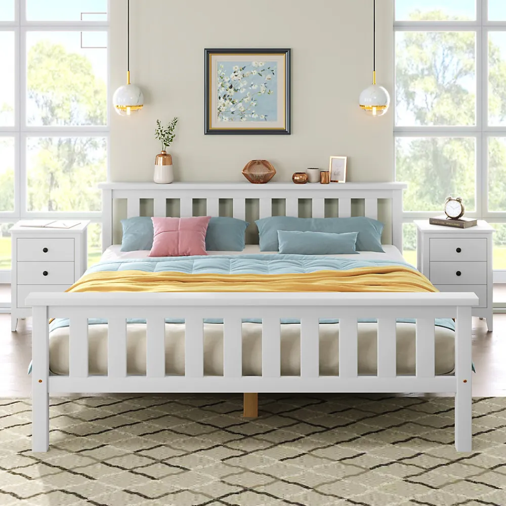 Lit double 140x200 cm - Lit classique avec sommier à lattes - Pin et MDF - Sans matelas - Blanc>Okwish Best
