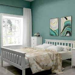 Lit double 140x200 cm - Lit classique avec sommier à lattes - Pin et MDF - Sans matelas - Blanc><noscript><img width=