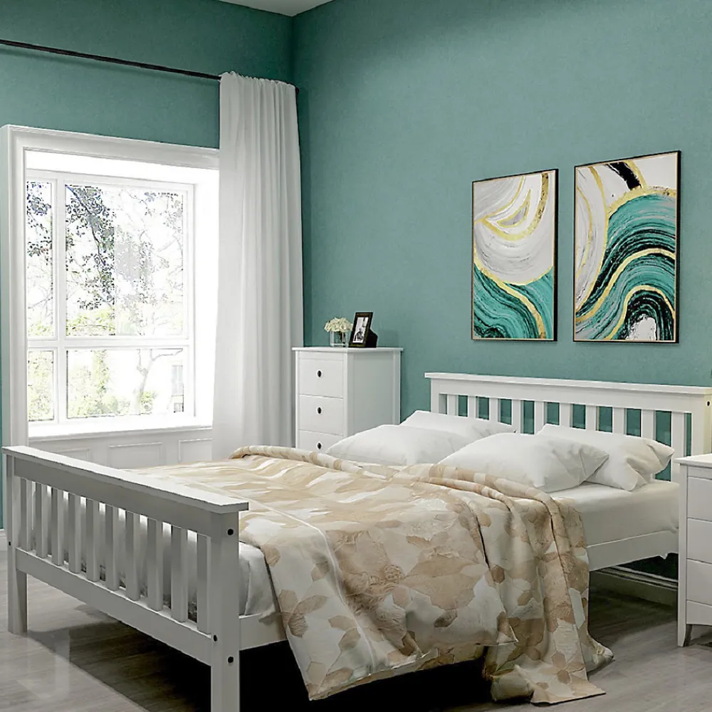 Lit double 140x200 cm - Lit classique avec sommier à lattes - Pin et MDF - Sans matelas - Blanc>Okwish Best