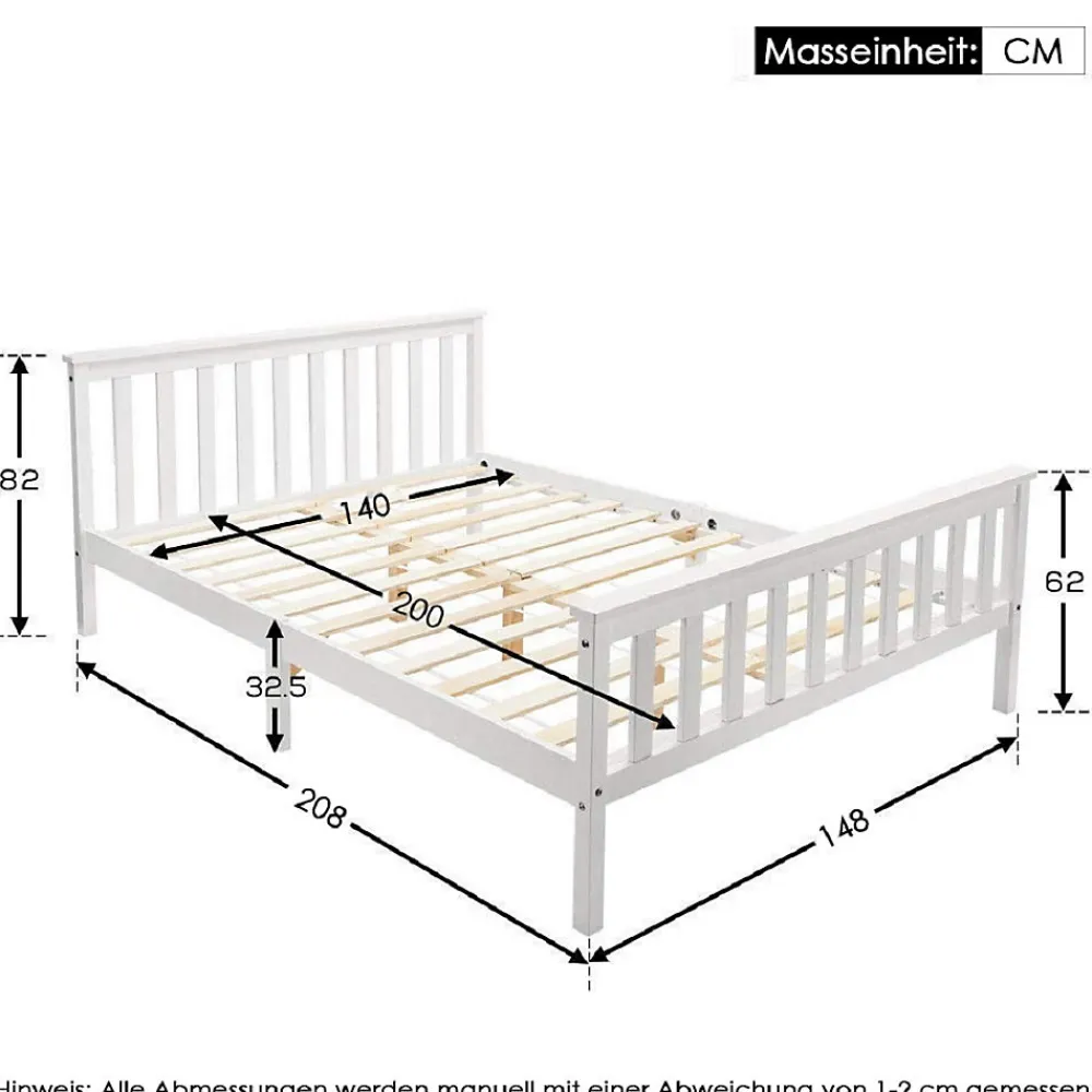 Lit double 140x200 cm - Lit classique avec sommier à lattes - Pin et MDF - Sans matelas - Blanc>Okwish Best