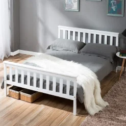 Lit double 140x200 cm - Lit classique avec sommier à lattes - Pin et MDF - Sans matelas - Blanc><noscript><img width=