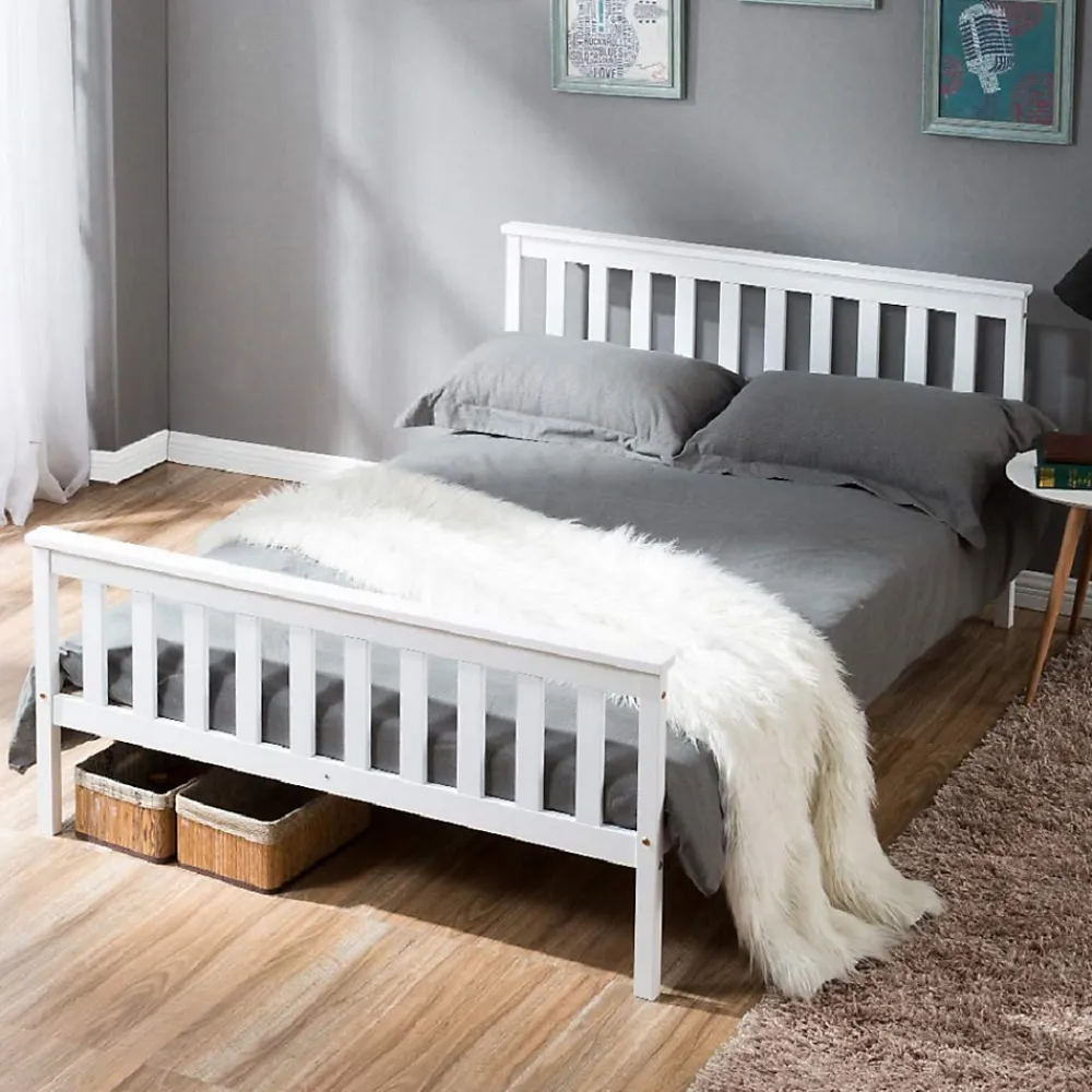 Lit double 140x200 cm - Lit classique avec sommier à lattes - Pin et MDF - Sans matelas - Blanc>Okwish Best