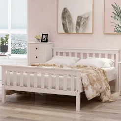 Lit double 140x200 cm - Lit classique avec sommier à lattes - Pin et MDF - Sans matelas - Blanc><noscript><img width=