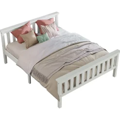 Lit double 140x200 cm - Lit classique avec sommier à lattes - Pin et MDF - Sans matelas - Blanc><noscript><img width=