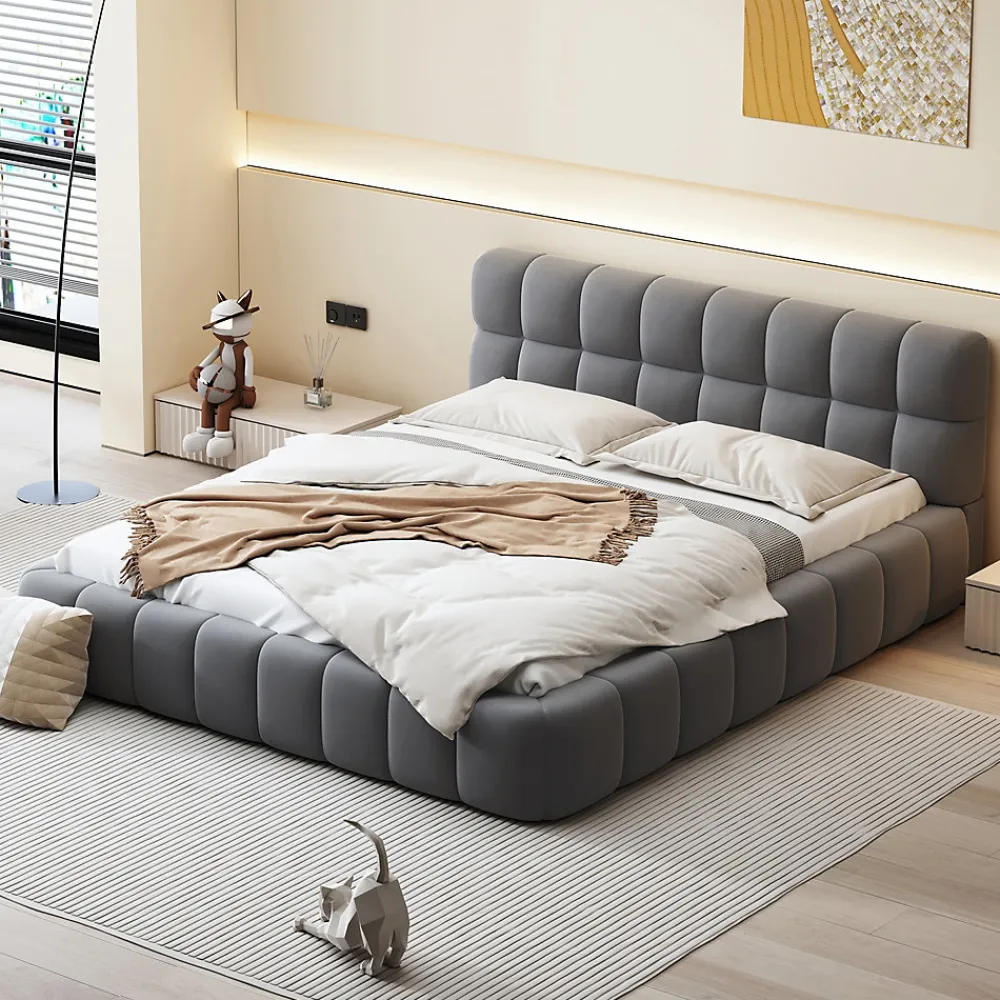 Okwish Lit double 140x190 cm - Lit classique avec dossier moelleux - Lin - Sans Matelas - Gris* Lit Double