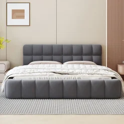 Okwish Lit double 140x190 cm - Lit classique avec dossier moelleux - Lin - Sans Matelas - Gris* Lit Double