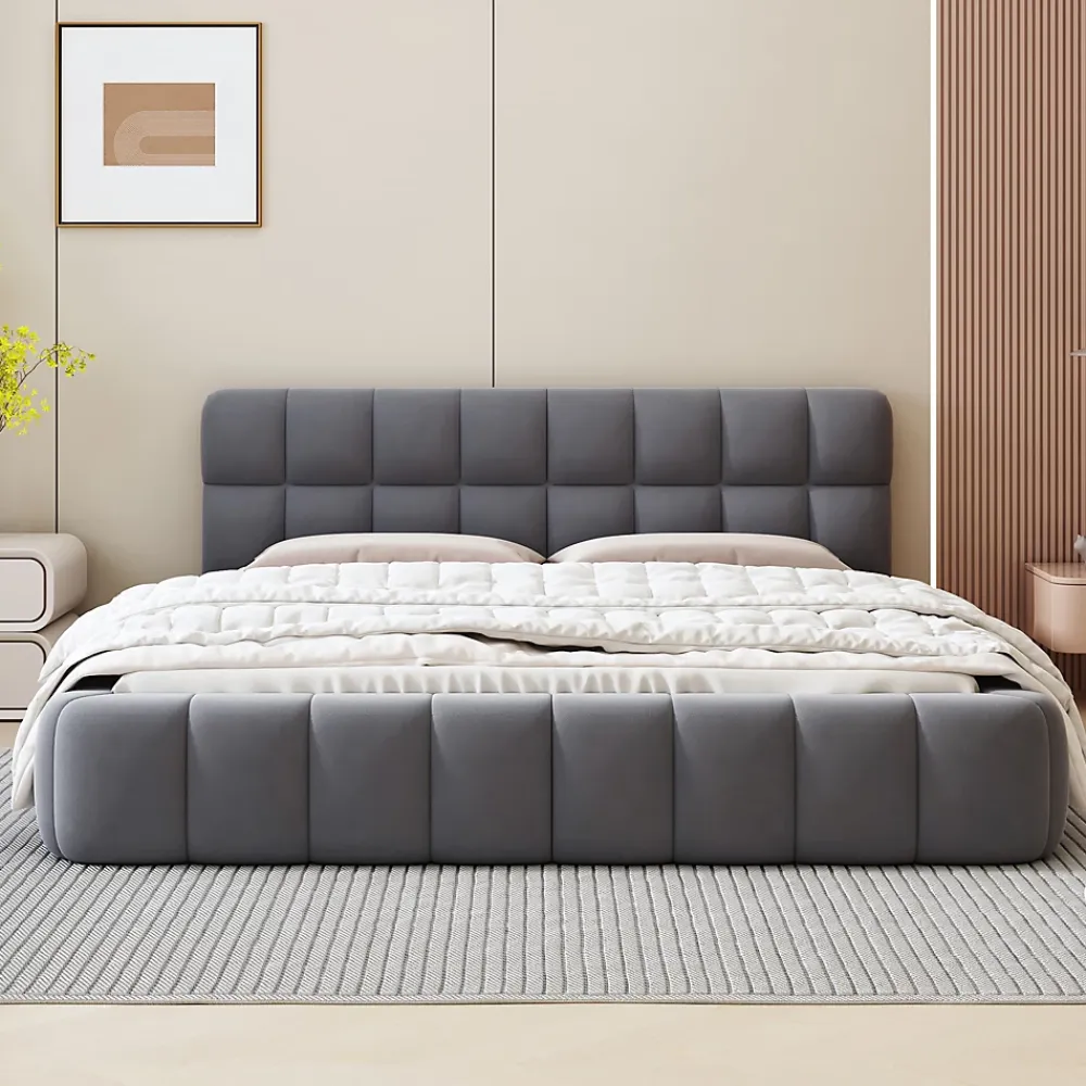 Okwish Lit double 140x190 cm - Lit classique avec dossier moelleux - Lin - Sans Matelas - Gris* Lit Double