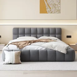 Okwish Lit double 140x190 cm - Lit classique avec dossier moelleux - Lin - Sans Matelas - Gris* Lit Double