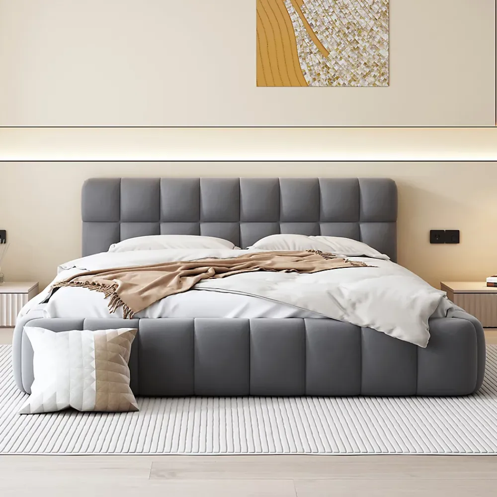 Okwish Lit double 140x190 cm - Lit classique avec dossier moelleux - Lin - Sans Matelas - Gris* Lit Double