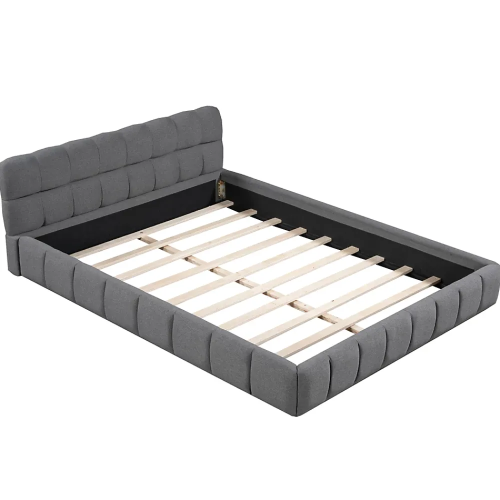 Okwish Lit double 140x190 cm - Lit classique avec dossier moelleux - Lin - Sans Matelas - Gris* Lit Double
