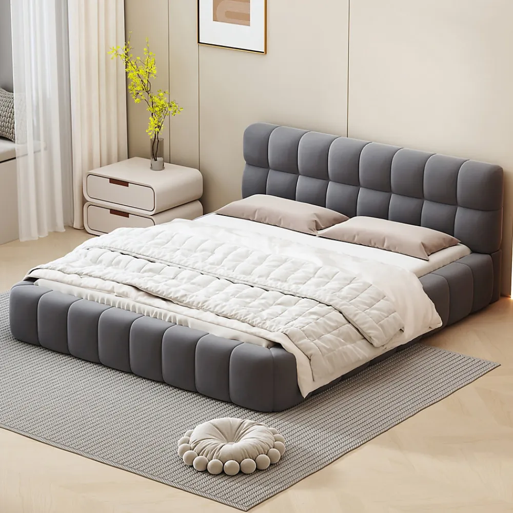 Okwish Lit double 140x190 cm - Lit classique avec dossier moelleux - Lin - Sans Matelas - Gris* Lit Double