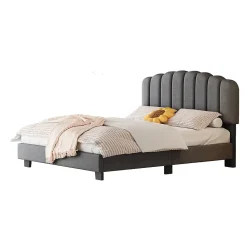 Okwish Lit Double 140x200 cm - Lit Classique avec Tête de Lit Réglable - Lin + MDF - Sans Matelas - Gris* Lit Double