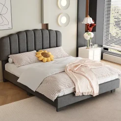 Okwish Lit Double 140x200 cm - Lit Classique avec Tête de Lit Réglable - Lin + MDF - Sans Matelas - Gris* Lit Double