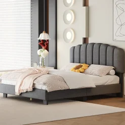 Okwish Lit Double 140x200 cm - Lit Classique avec Tête de Lit Réglable - Lin + MDF - Sans Matelas - Gris* Lit Double