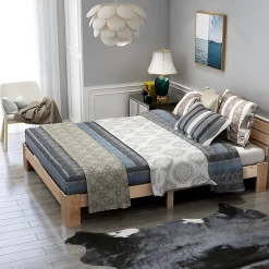 Lit Double 140x200 cm - Lit Double en Bois Massif avec Sommier Inclus, Style Minimaliste, Pin Naturel>Okwish Outlet