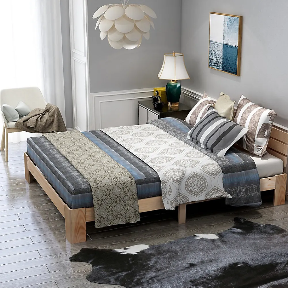 Lit Double 140x200 cm - Lit Double en Bois Massif avec Sommier Inclus, Style Minimaliste, Pin Naturel>Okwish Outlet