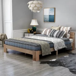 Lit Double 140x200 cm - Lit Double en Bois Massif avec Sommier Inclus, Style Minimaliste, Pin Naturel>Okwish Outlet