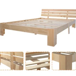 Lit Double 140x200 cm - Lit Double en Bois Massif avec Sommier Inclus, Style Minimaliste, Pin Naturel><noscript><img width=