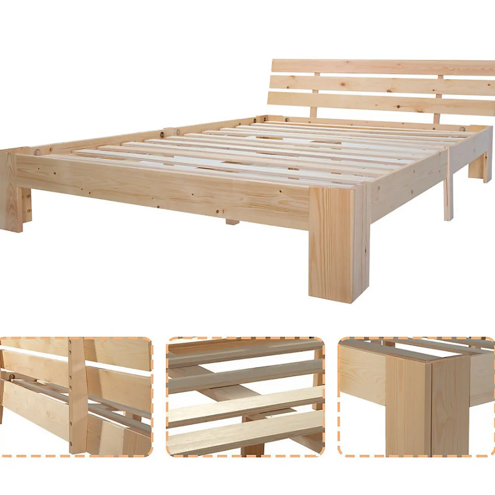 Lit Double 140x200 cm - Lit Double en Bois Massif avec Sommier Inclus, Style Minimaliste, Pin Naturel>Okwish Outlet