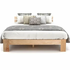Lit Double 140x200 cm - Lit Double en Bois Massif avec Sommier Inclus, Style Minimaliste, Pin Naturel><noscript><img width=