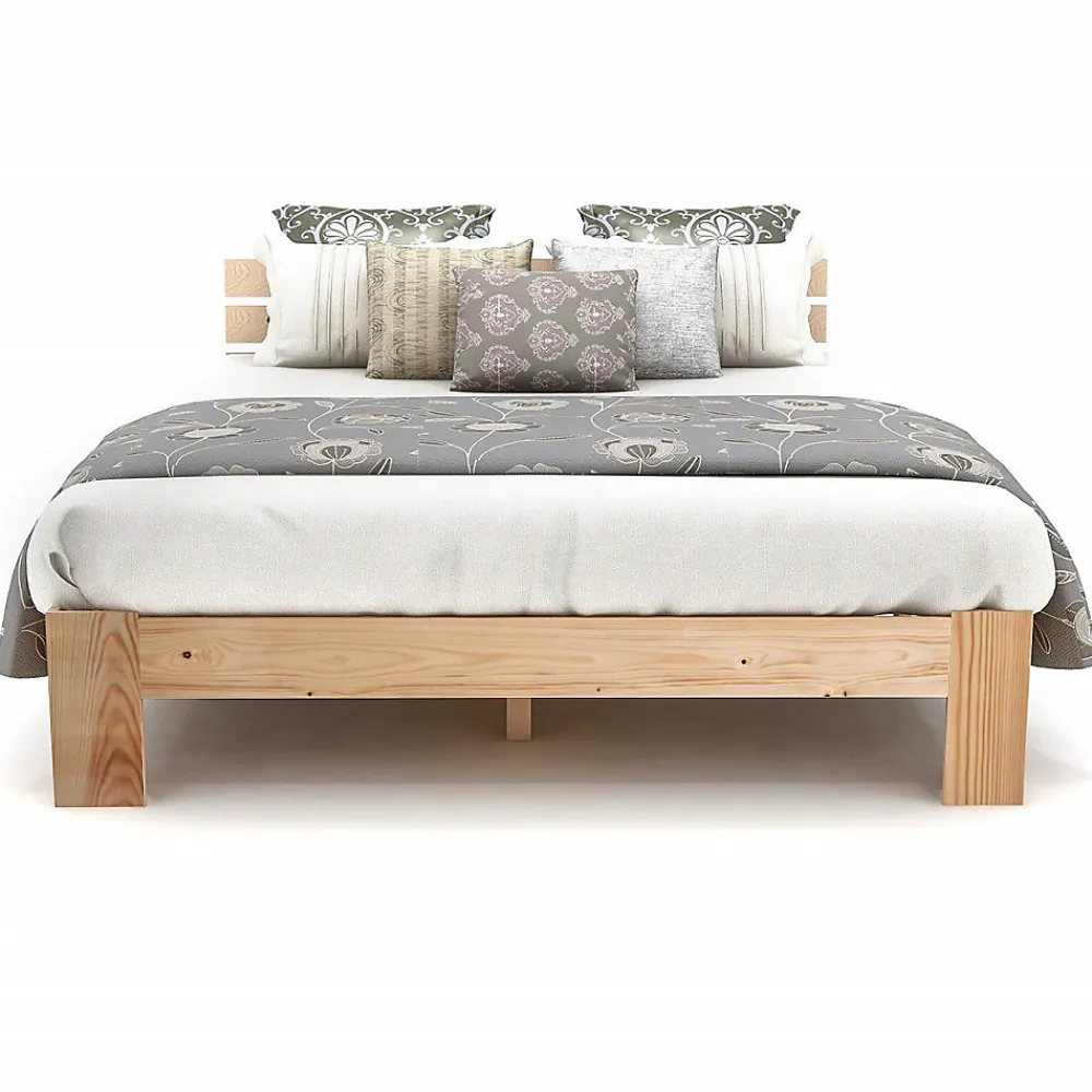 Lit Double 140x200 cm - Lit Double en Bois Massif avec Sommier Inclus, Style Minimaliste, Pin Naturel>Okwish Outlet