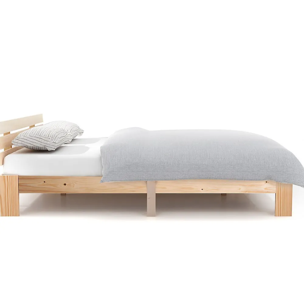 Lit Double 140x200 cm - Lit Double en Bois Massif avec Sommier Inclus, Style Minimaliste, Pin Naturel>Okwish Outlet