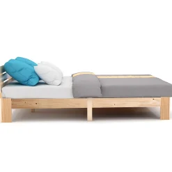 Lit Double 140x200 cm - Lit Double en Bois Massif avec Sommier Inclus, Style Minimaliste, Pin Naturel><noscript><img width=