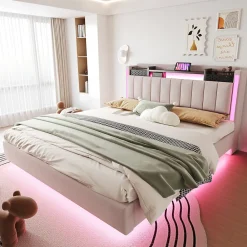 Lit Double 160x200 cm - Lit Double avec Rangement et USB, LED Intégrée, Lin Beige, Sans Matelas>Okwish Sale