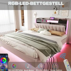 Lit Double 160x200 cm - Lit Double avec Rangement et USB, LED Intégrée, Lin Beige, Sans Matelas><noscript><img width=