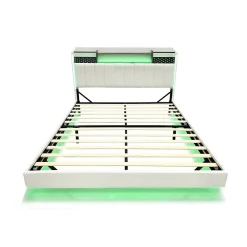 Lit Double 160x200 cm - Lit Double avec Rangement et USB, LED Intégrée, Lin Beige, Sans Matelas><noscript><img width=