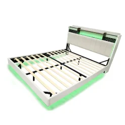 Lit Double 160x200 cm - Lit Double avec Rangement et USB, LED Intégrée, Lin Beige, Sans Matelas><noscript><img width=