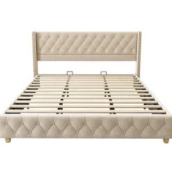 Okwish Lit Double 180x200 cm - Lit Double Rembourré avec Tête de Lit Capitonnée - Velours - Sans Matelas - Beige* Lit Double